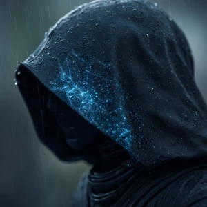 A cinematic close-up portrait of an enigmatic sci-fi figure wear...