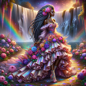 Remix Prompt
S/O Jackie Torres
S/O Panda Locke

create a animated style hyper realistic airbrush whimsical oil painting of a light African American woman wearing a flawless beautiful purple, pink, and gold blossom dress long flowing with colorful flowers and ruffles on the dress colorful jewelry made of flowers she has long black dreadlocks in a bun a colorful rose in her hair her peep toe shoes is matching her dress behind her is a beautiful waterfall liquid glowing lights beautiful colorful rainbow surrounded by beautiful roses.