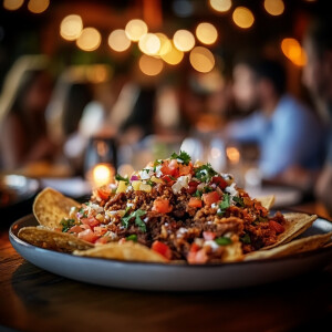Focus on a plate of loaded beef shreaded chicken & nachos with p...