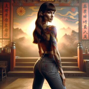 Athletic Thin skinny Attractive, Asian teenage girl, long brown hair and bangs, wearing tight skinny jeans and a halter top paint marks on her clothing, heroic pose Asian graffiti background, backside view