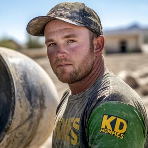 Brian Nobles a real 28 year old Caucasian male who is using  a concrete mixer, he is a  pump operator holding the hose which carries the liquid concrete to the foundation pour, Brian is slowly  beginning his transition into adult maturity , Brian Nobles is beginning to look like a grown man, he has large reflective brown eyes and a wrinkled brow,Brian is now balding , prominent large protruding round fat obese belly,,thick goatee beard, healthy muscle mass ,very noticeable male pattern balding hairline, Brian Nobles now has a  prominent receding and thinning male hairline (onset male pattern baldness), slightly fat overweight(Caucasian)wearing tight body conforming  glossy satin shiny green and gold tight fitting body conforming UnderArmour athletic bodysuit,emblazoned with the "KD HOMES" real estate logo, standing confidently in front of a newly completed constructed new KD HOME in Victorville California in a raw desert landscape. Brian has a protruding fat obese muscular physique, large male bulge, fat obese muscular frame , shows a substantial frame with a noticeable mature hairline and expressive eyes. His workman’s  pose should reflect his experience in his trade.