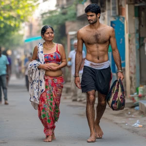 A indian man sweat on body walking with his 54 year old housemai...