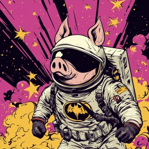 Cute cartoon pig in vintage white spacesuit and NASA style helme...