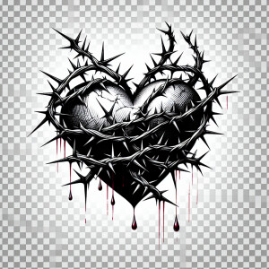 A heart surrounded by thorny vines, with little drops of "blood"...