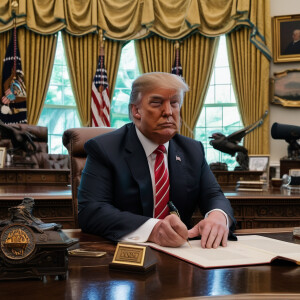 Donald trump wearing a confederate uniform, sitting behind a des...