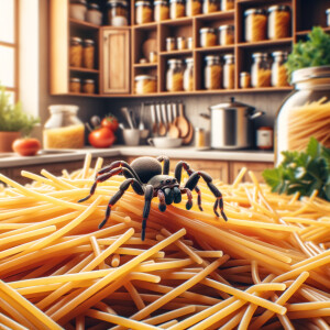 A tiny spider eating spaghetti in the kitchen