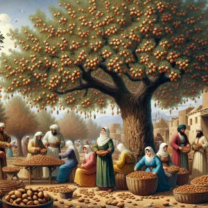 7th century Middle East image of a beautiful almond tree. People...