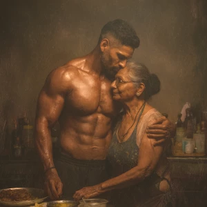 Realism photo painting.a muscular sweaty indian man standing b...