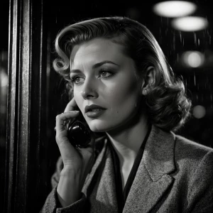 A cinematic close-up still from a 1940s film noir, showing a dis...