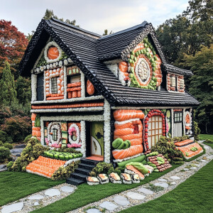 A giant house made entirely out of sushi, featuring rolls, salmo...