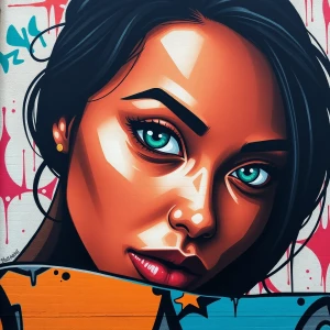 Design a 3D street art mural in a graffiti style, depicting a wo...