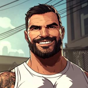 White muscular thin man with beard, big chin, smile and cheekbon...