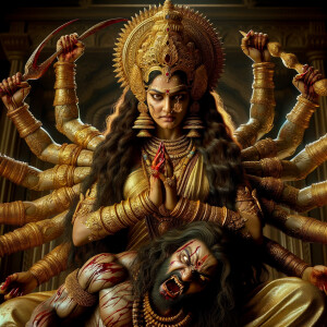 portrait of angry looking, four-armed indian goddess sitting on...