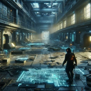 A cybernetically enhanced scavenger cautiously exploring the ruins of an abandoned laboratory. The walls are lined with shattered glass tubes, and scattered fragments of glowing screens emit faint light, hinting at a once-thriving advanced facility