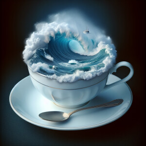 image depicts a surreal scene where a teacup appears to be fille...