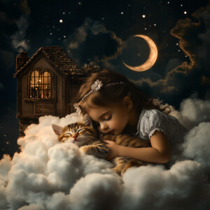 girl baby cuddles kitten lying on cloud, sleeping with eyes clos...