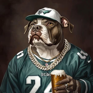 Create an image of a pit bull wearing a white gold chain and a Philadelphia Eagles  cap and football jersey. He is also holding a beer