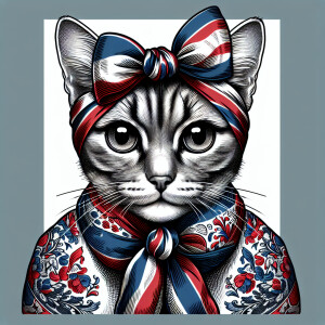 A cartoon of a mature cat gazing into the camera while sporting...