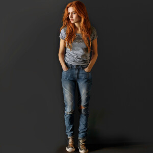 Create a photo-realistic image of a light ginger haired woman in...