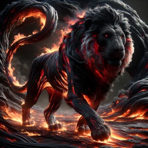 A colossal Black Lion, fur rippling with obsidian-like sheen, ve...