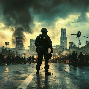 A solitary sheriff's deputy in Los Angeles, appears poised and d...