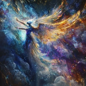 Create an image of a celestial being with glowing wings, floatin...