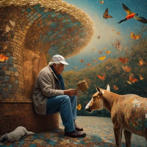 Create a realistic mosaic art piece depicting acts of kindness t...