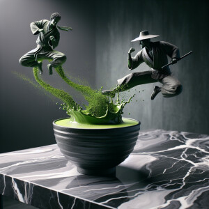 The matcha tea rises from the bowl and transformed into a cowboy...