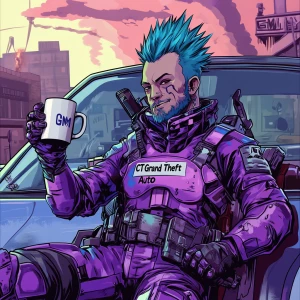 Create an image of a character with spiky blue hair, dressed in...