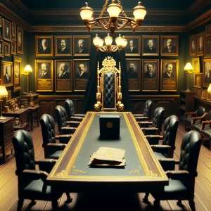 "A grand, miniature stop-motion fraternity meeting room, frozen in eerie stillness. A long wooden table with golden trim dominates the space, surrounded by empty leather chairs. At the head of the table, a massive, high-backed chair sits unoccupied, facing the viewer, as if waiting for its next leader. The dim glow of an antique chandelier casts elongated shadows across the room. Behind the chair, a wall of framed portraits of past leaders, their tiny, painted faces watching with silent judgment. On the table, a sealed black envelope with a golden wax crest lies in front of the empty chair, untouched."