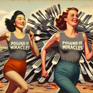 Faded color photograph of two beautiful 25-year-old women runnin...