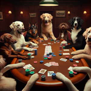 Photorealistic image. Classic image of dogs playing poker around...