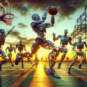 Cyborg's playing basketball, HDR, masterpiece, ultra-detailed,...