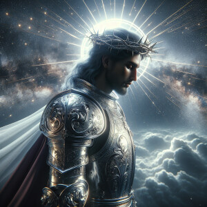 Jesus Christ, dressed in gleaming, intricately designed knight's...