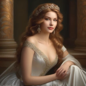 "A stunning woman with graceful, refined features, wearing an el...