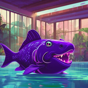 A Disney purple neon green piranha swimming in a community swimm...