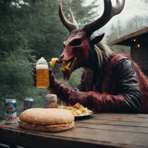 Wendigo eating a big fat cheeseburger and drinking a cold coors...