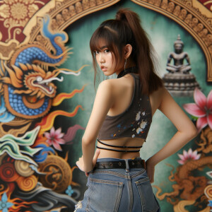 Attractive, Asian teenage girl, long brown hair and bangs, wearing tight skinny jeans and a halter top paint marks on her clothing, backside view heroic pose Asian graffiti