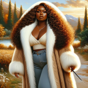 Craft a 4K glossy oil painting portraying a regal, plus-size Afr...