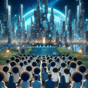 Black People with afro hairstyles living in peace in a futuristi...