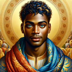 Create a beautiful African-American Jesus Christ with Hazel, brown eyes and blue and gold robe