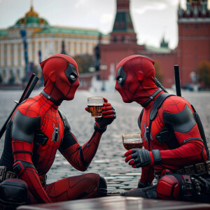 Deadpool and Spider-Man meet for a drink on the Red Square in Mo...