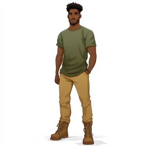 Create an image of a man of medium build with dark skin and shor...