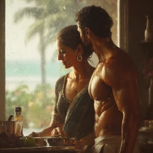 Hyperrealism.a muscular sweaty indian man standing behind and...