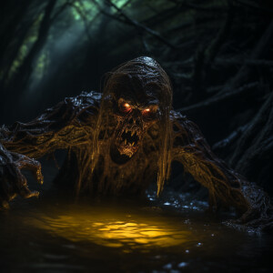 A monster coming out from the creek, glowing eyes, reaching out,...