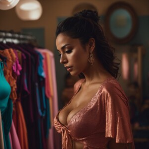 A Latina woman trying on a bra