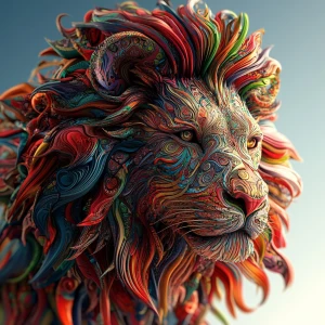 Create a 3D 8K UHD photorealistic image of a lion with an oversized mane exhibiting psychedelic patterns and hallucinogenic visual effects, ensuring extreme attention to detail and realism.