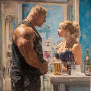 Photo Hyperrealism, painting,a muscular sweaty beefy criminal ma...