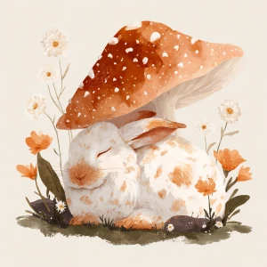Cute fluffy rabbit sleeping peacefully under large spotted mushr...