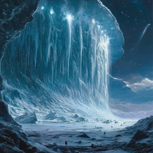 Ein wal unter einem riesigen Eisberg, umgeben von Killerwalen. E...